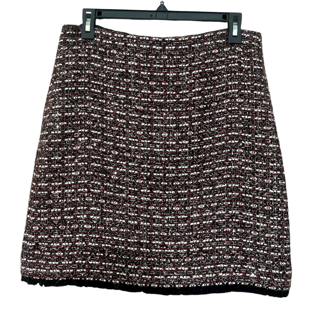 LOFT Outlet Skirt Tweed Red Black Gold Sequins Holiday Size 4 Fringe Hem Pencil